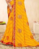 Vishal Prints Golden Yellow Printed Chiffon Traditional Print Saree With Foil Print And Zari Border