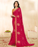 Vishal Prints Purplish Red Printed Chiffon Traditional Print Saree With Foil Print And Zari Border