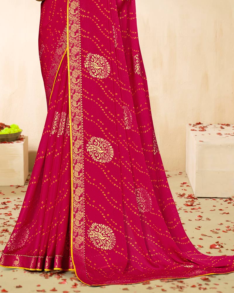 Vishal Prints Purplish Red Printed Chiffon Traditional Print Saree With Foil Print And Zari Border