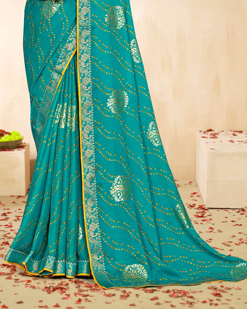 Vishal Prints Teal Blue Printed Chiffon Traditional Print Saree With Foil Print And Zari Border