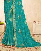 Vishal Prints Teal Blue Printed Chiffon Traditional Print Saree With Foil Print And Zari Border