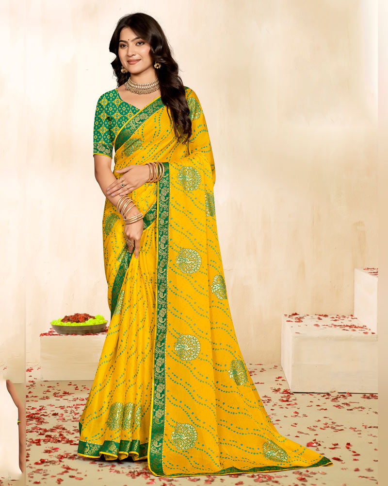 Vishal Prints Dark Tulip Yellow Printed Chiffon Traditional Print Saree With Foil Print And Zari Border