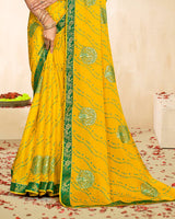 Vishal Prints Dark Tulip Yellow Printed Chiffon Traditional Print Saree With Foil Print And Zari Border