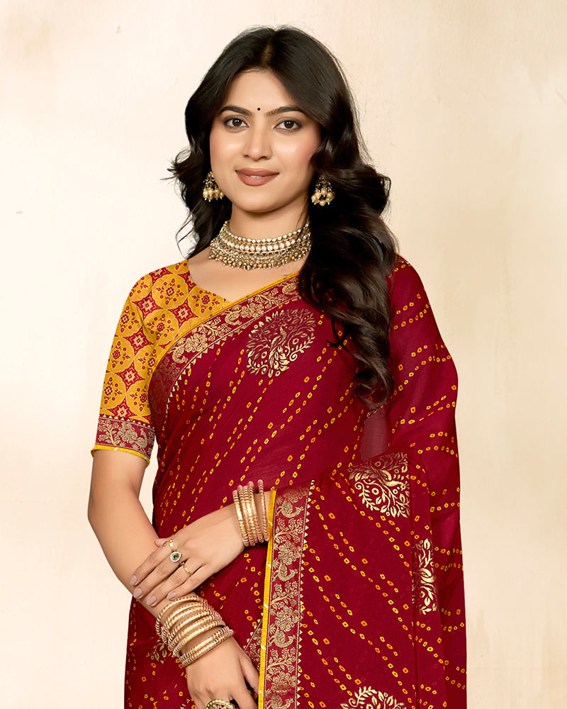 Vishal Prints Red Wine Printed Chiffon Traditional Print Saree With Foil Print And Zari Border