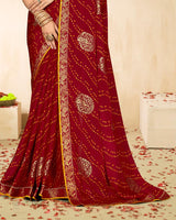 Vishal Prints Red Wine Printed Chiffon Traditional Print Saree With Foil Print And Zari Border