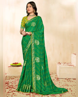 Vishal Prints Dark Spring Green Printed Chiffon Traditional Print Saree With Foil Print And Zari Border
