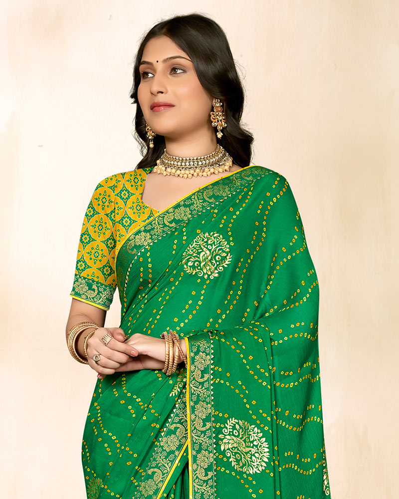 Vishal Prints Dark Spring Green Printed Chiffon Traditional Print Saree With Foil Print And Zari Border