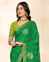 Vishal Prints Dark Spring Green Printed Chiffon Traditional Print Saree With Foil Print And Zari Border