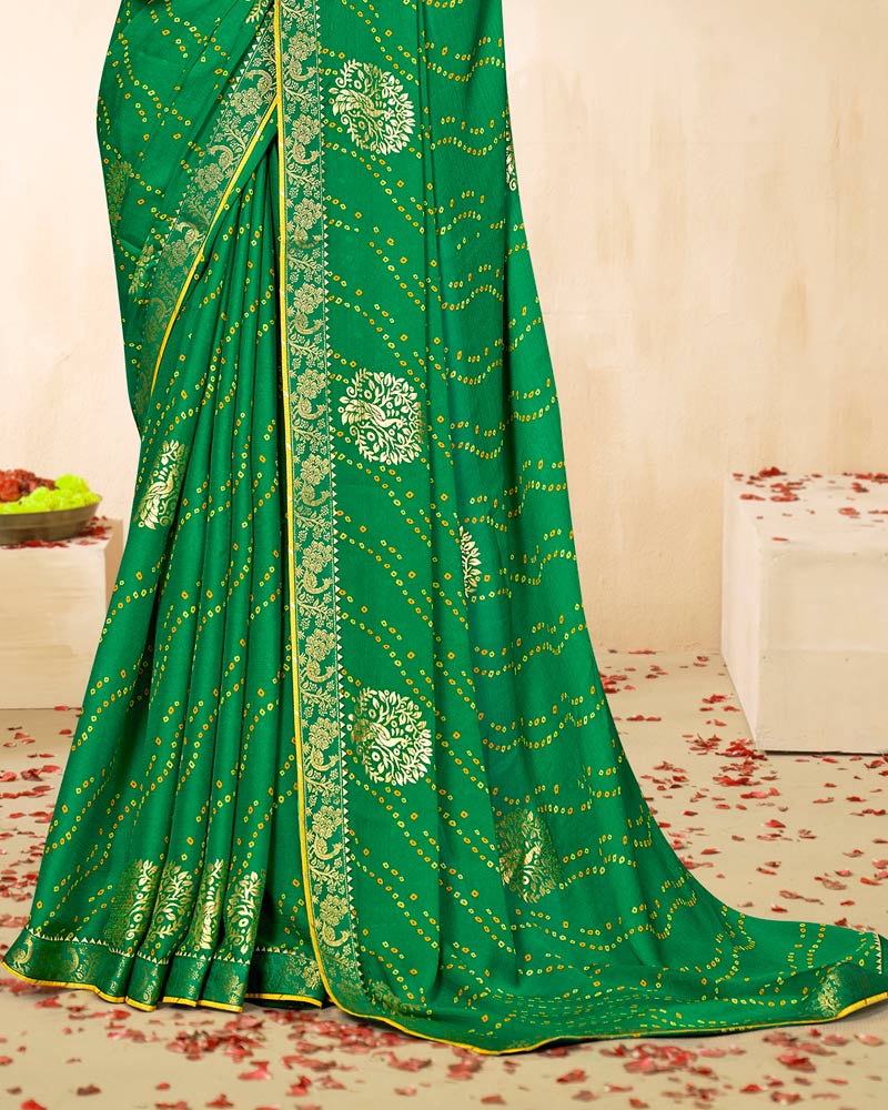 Vishal Prints Dark Spring Green Printed Chiffon Traditional Print Saree With Foil Print And Zari Border