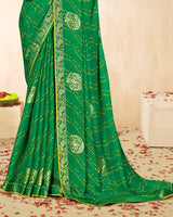 Vishal Prints Dark Spring Green Printed Chiffon Traditional Print Saree With Foil Print And Zari Border