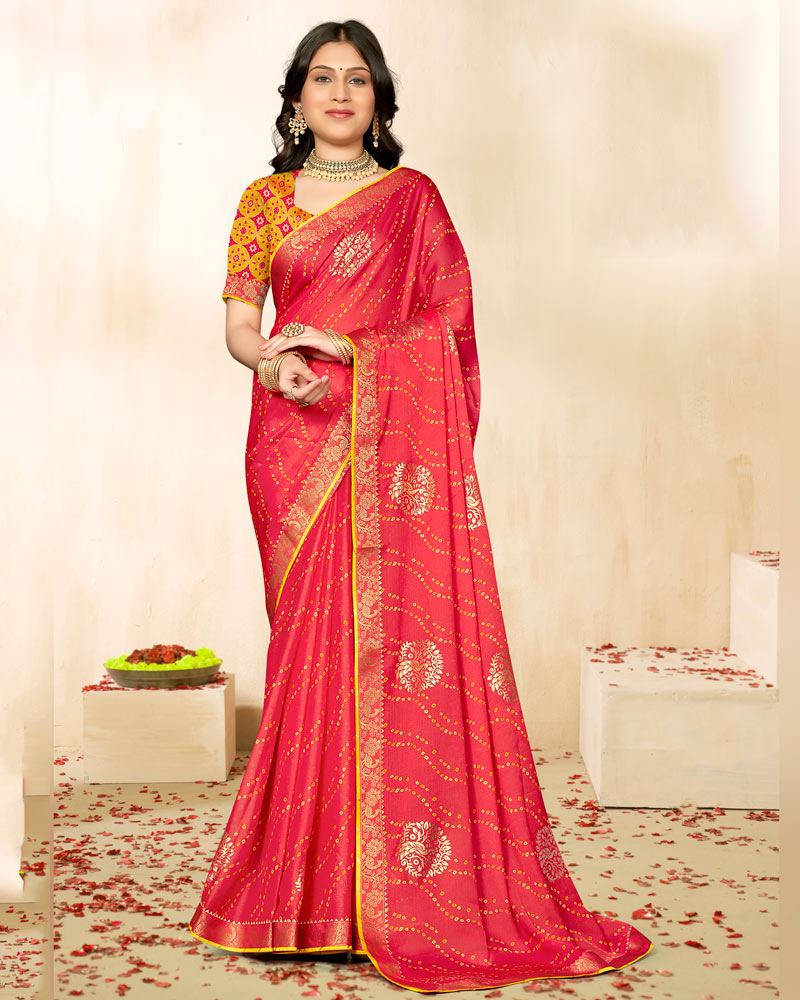 Vishal Prints Dark Coral Pink Printed Chiffon Traditional Print Saree With Foil Print And Zari Border
