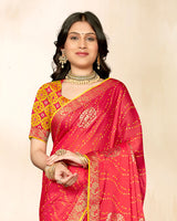 Vishal Prints Dark Coral Pink Printed Chiffon Traditional Print Saree With Foil Print And Zari Border