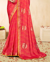 Vishal Prints Dark Coral Pink Printed Chiffon Traditional Print Saree With Foil Print And Zari Border