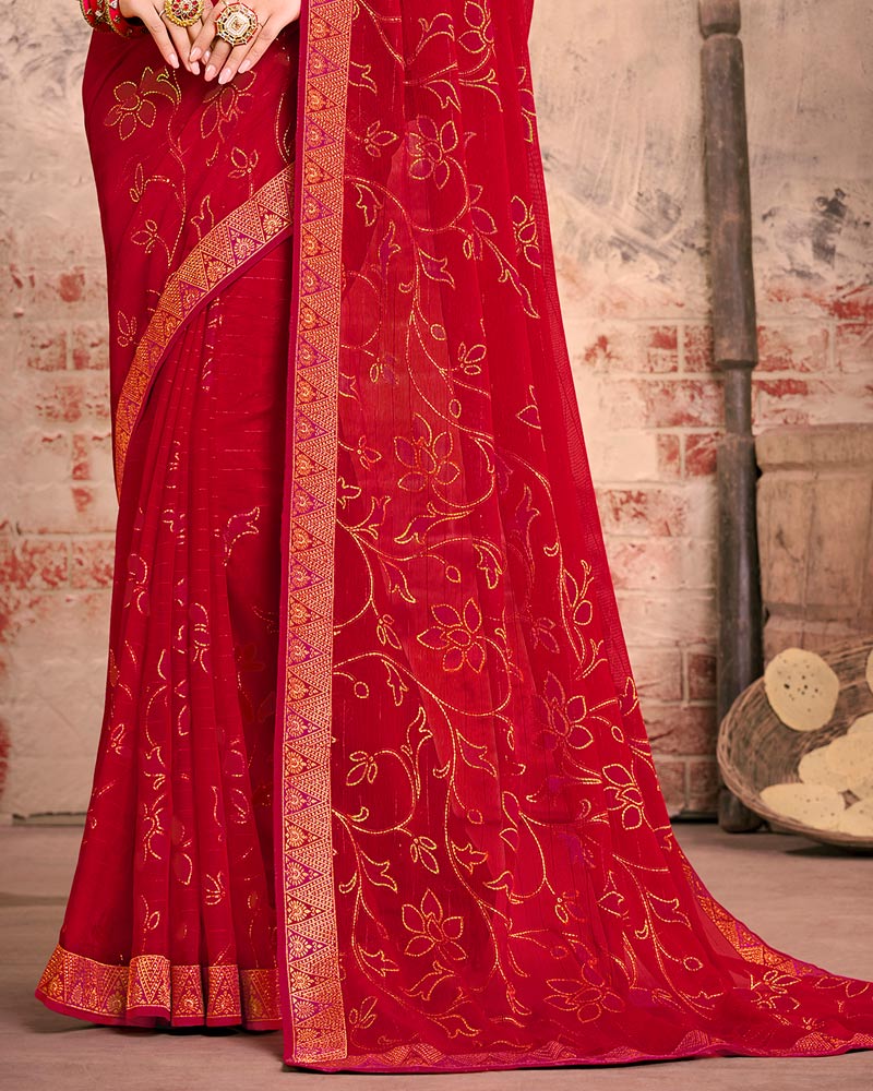 Vishal Prints Cherry Red Fancy Brasso Saree With Foil Print And Zari Border