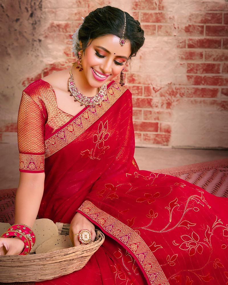 Vishal Prints Cherry Red Fancy Brasso Saree With Foil Print And Zari Border