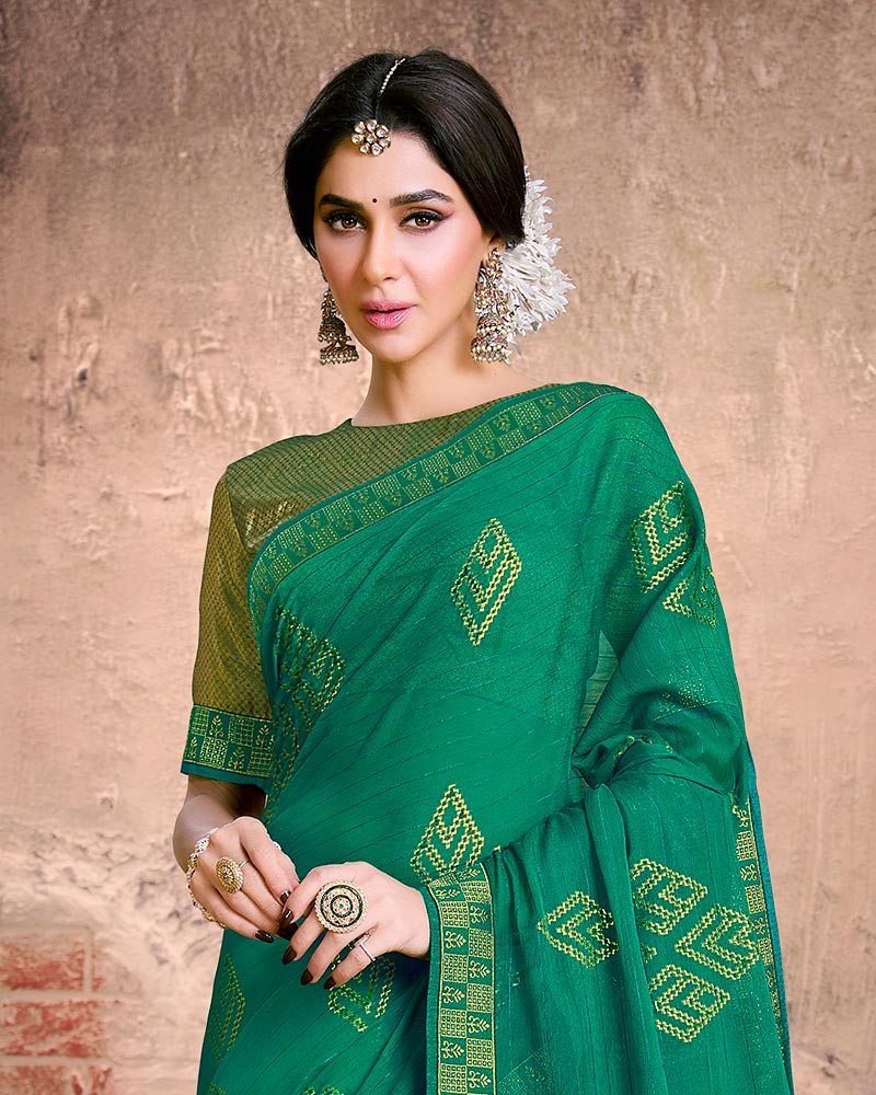 Vishal Prints Deep Sea Green Fancy Brasso Saree With Foil Print And Zari Border