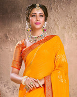 Vishal Prints Yellowish Orange Fancy Brasso Saree With Foil Print And Zari Border