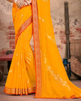 Vishal Prints Yellowish Orange Fancy Brasso Saree With Foil Print And Zari Border