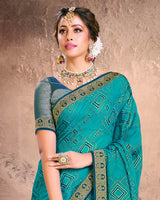 Vishal Prints Teal Blue Fancy Brasso Saree With Foil Print And Zari Border