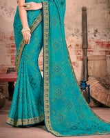Vishal Prints Teal Blue Fancy Brasso Saree With Foil Print And Zari Border