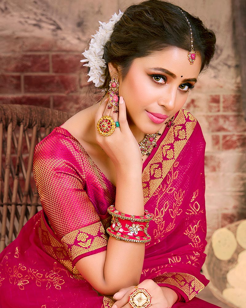 Vishal Prints Rani Fancy Brasso Saree With Foil Print And Zari Border
