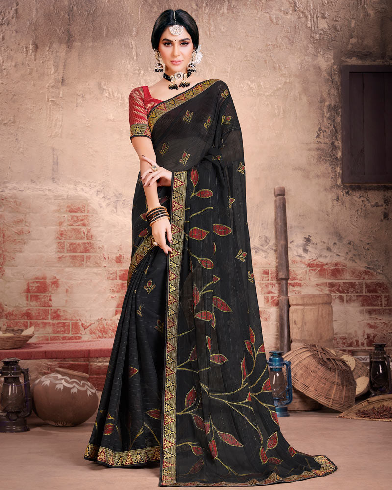 Vishal Prints Black Fancy Brasso Saree With Foil Print And Zari Border