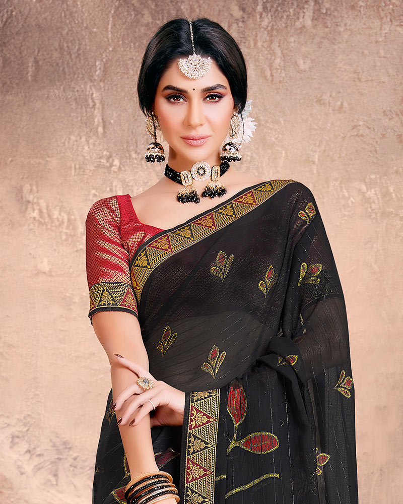 Vishal Prints Black Fancy Brasso Saree With Foil Print And Zari Border