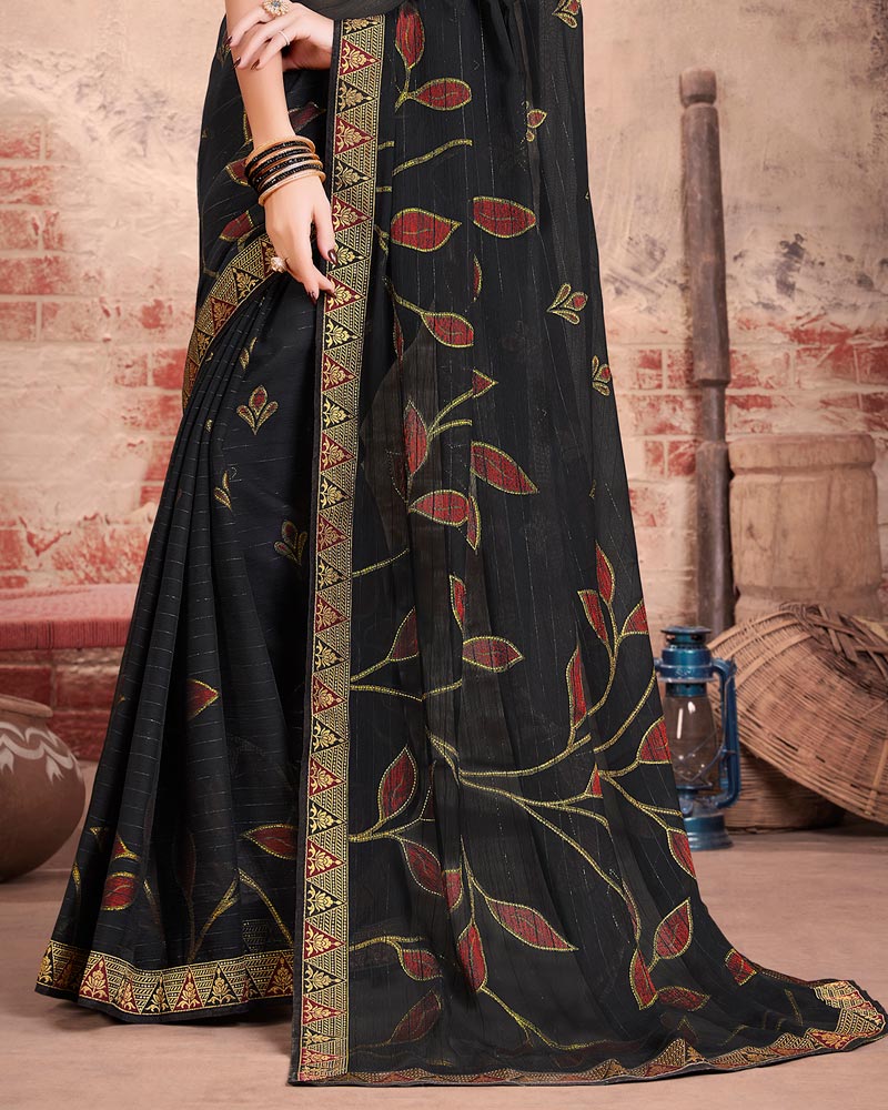 Vishal Prints Black Fancy Brasso Saree With Foil Print And Zari Border