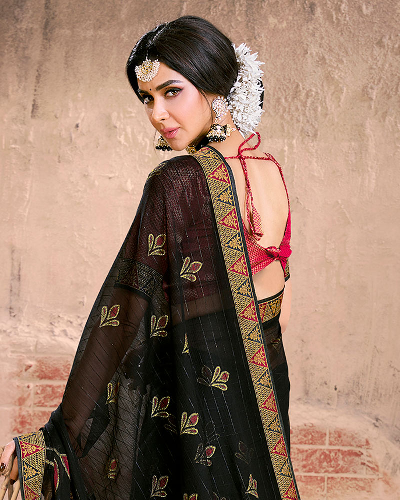 Vishal Prints Black Fancy Brasso Saree With Foil Print And Zari Border