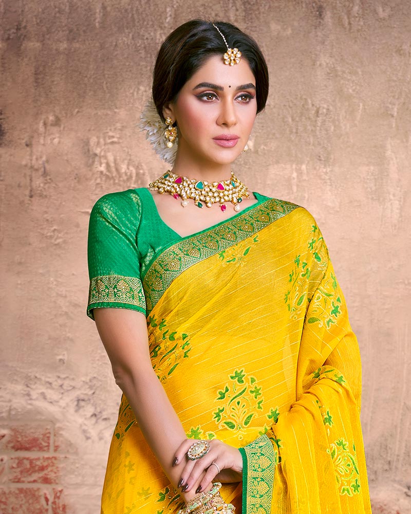 Vishal Prints Dark Yellow Fancy Brasso Saree With Foil Print And Zari Border
