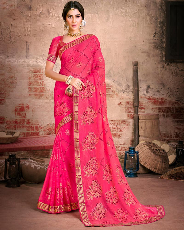 Vishal Prints Red Pink Fancy Brasso Saree With Foil Print And Zari Border
