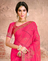 Vishal Prints Red Pink Fancy Brasso Saree With Foil Print And Zari Border