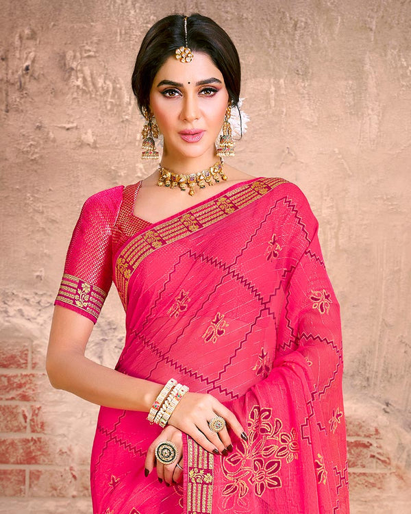 Vishal Prints Red Pink Fancy Brasso Saree With Foil Print And Zari Border