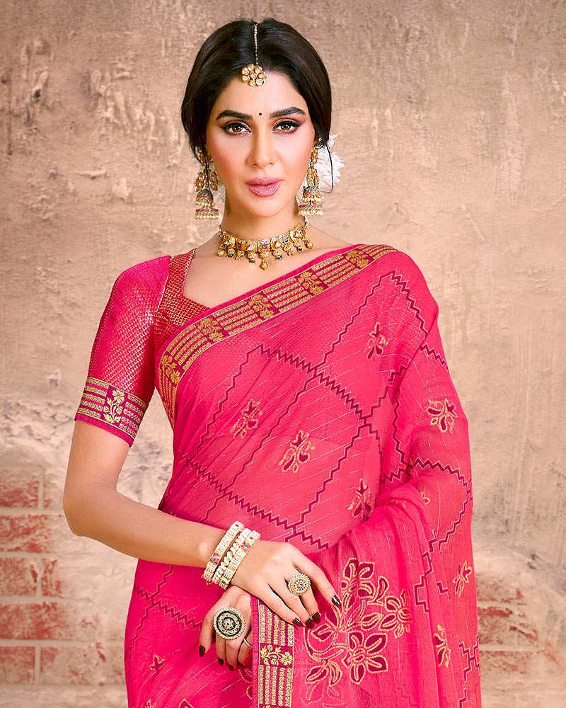 Vishal Prints Red Pink Fancy Brasso Saree With Foil Print And Zari Border