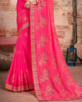 Vishal Prints Red Pink Fancy Brasso Saree With Foil Print And Zari Border