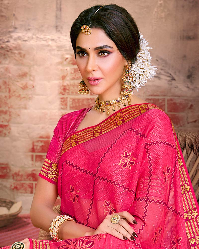 Vishal Prints Red Pink Fancy Brasso Saree With Foil Print And Zari Border