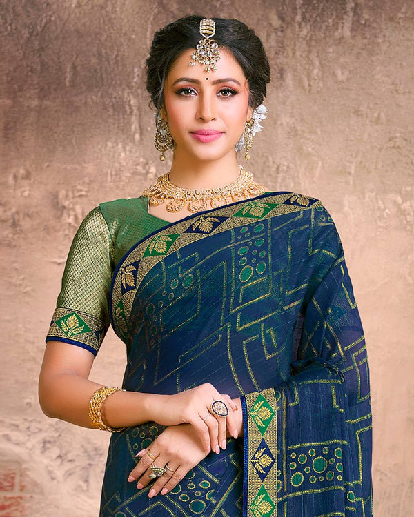 Vishal Prints Navy Blue Fancy Brasso Saree With Foil Print And Zari Border