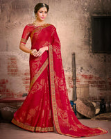 Vishal Prints Cherry Red Fancy Brasso Saree With Foil Print And Zari Border