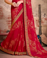 Vishal Prints Cherry Red Fancy Brasso Saree With Foil Print And Zari Border