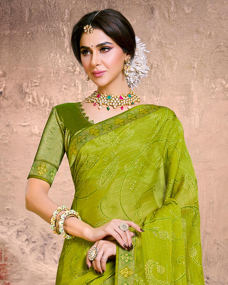 Vishal Prints Olive Green Fancy Brasso Saree With Foil Print And Zari Border