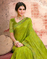 Vishal Prints Olive Green Fancy Brasso Saree With Foil Print And Zari Border