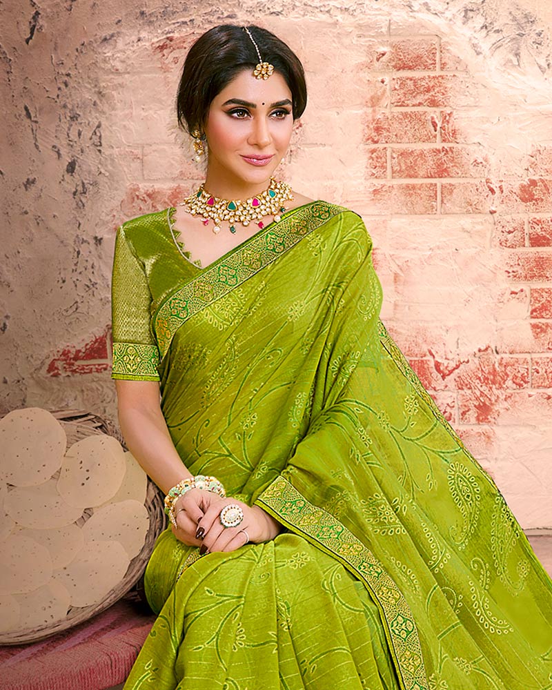 Vishal Prints Olive Green Fancy Brasso Saree With Foil Print And Zari Border