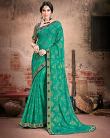Vishal Prints Dark Mint Green Fancy Brasso Saree With Foil Print And Zari Border