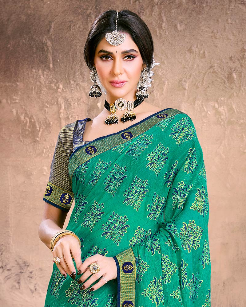 Vishal Prints Dark Mint Green Fancy Brasso Saree With Foil Print And Zari Border