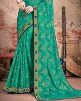 Vishal Prints Dark Mint Green Fancy Brasso Saree With Foil Print And Zari Border