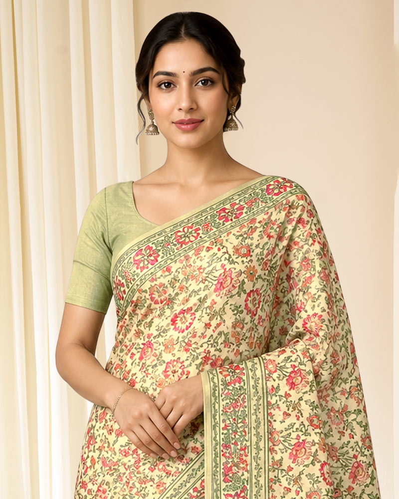 Vishal Prints Light Pastel Yellow Digital Print Georgette Saree