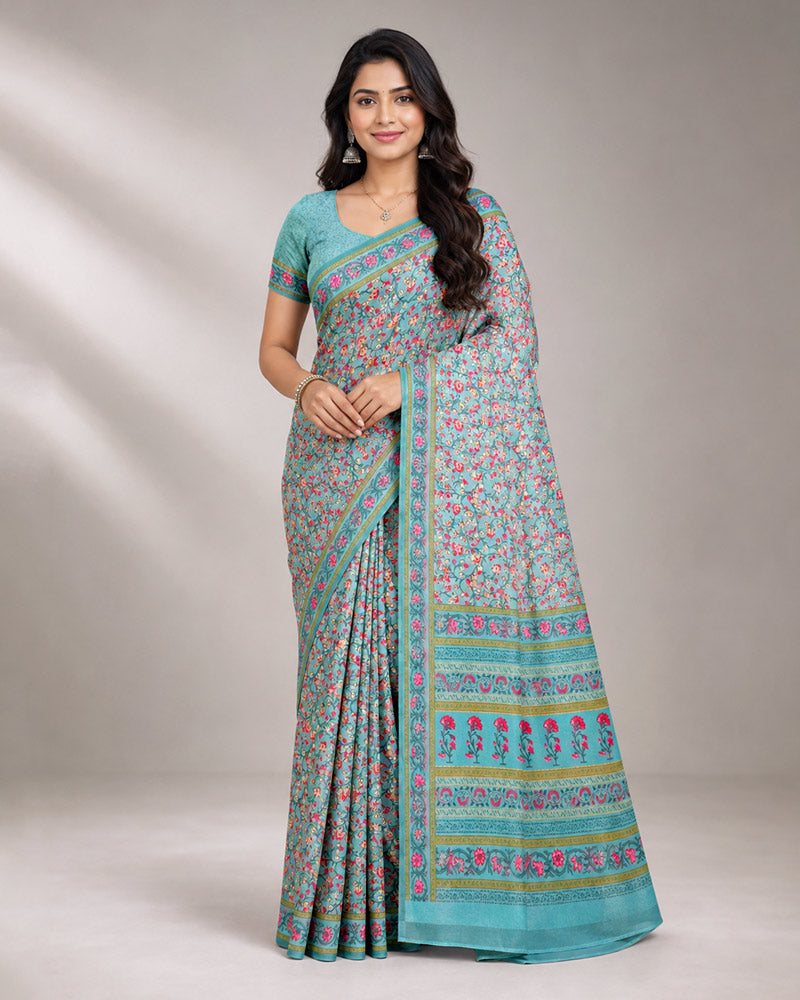 Vishal Prints Light Greyish Teal Blue Digital Print Georgette Saree