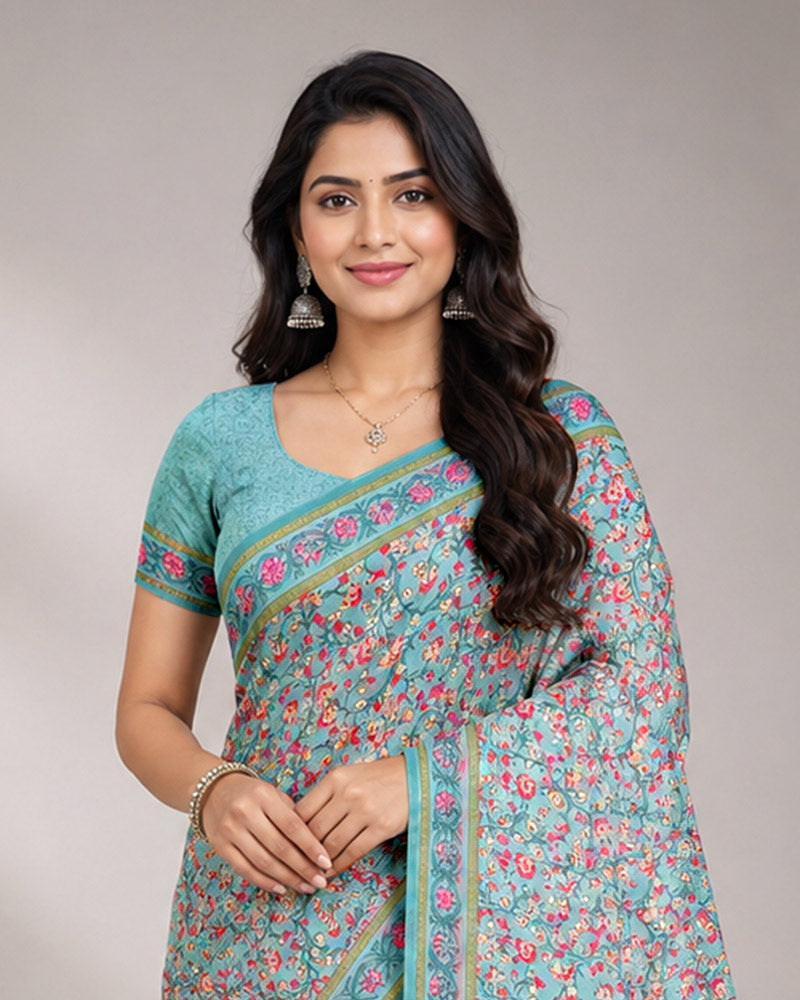 Vishal Prints Light Greyish Teal Blue Digital Print Georgette Saree