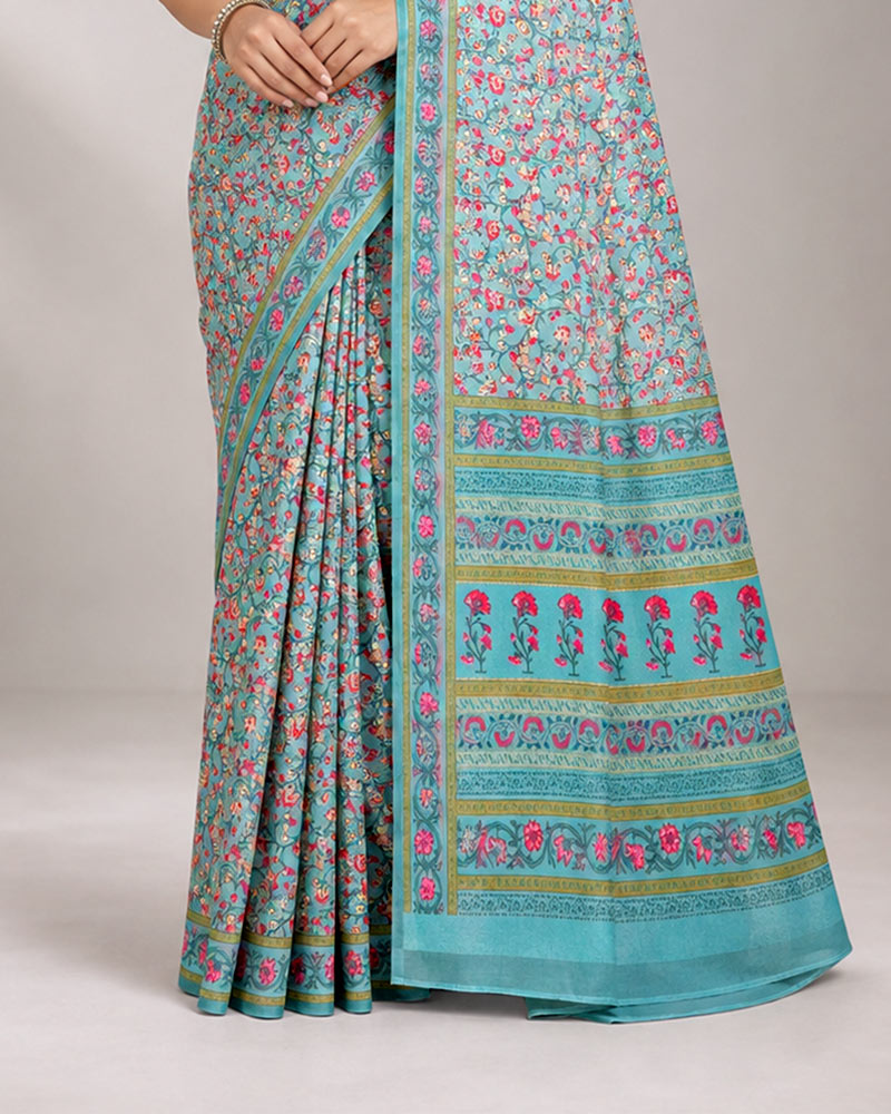 Vishal Prints Light Greyish Teal Blue Digital Print Georgette Saree