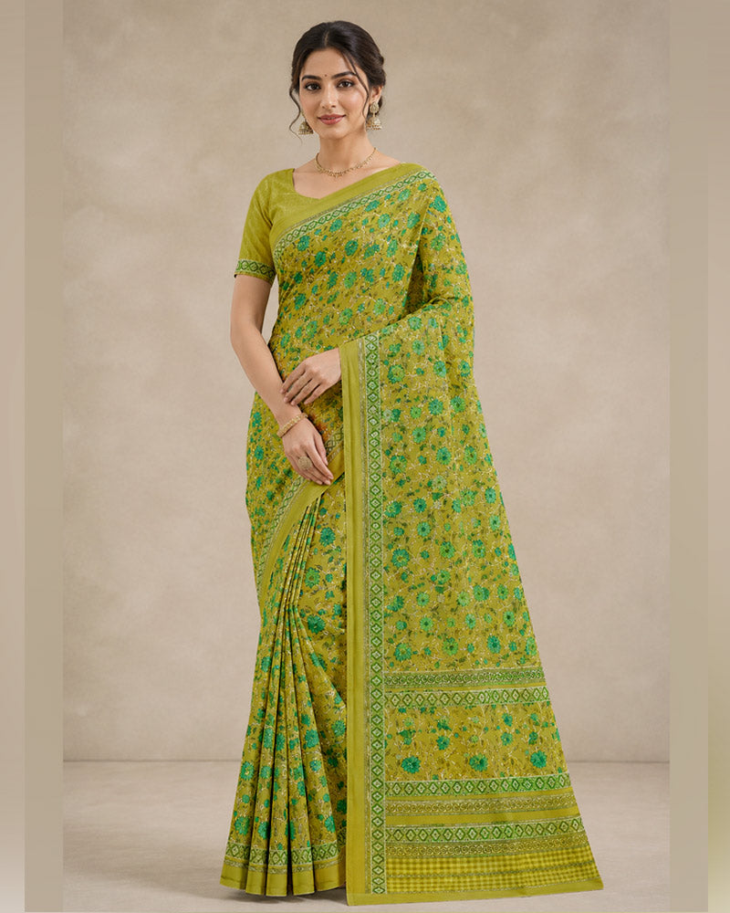 Vishal Prints Dark Olive Yellow Digital Print Georgette Saree